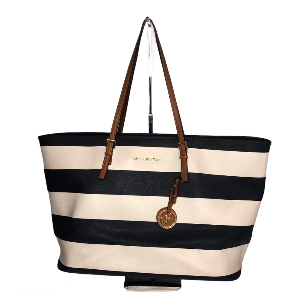 Michael Kors navy and white striped tote bag